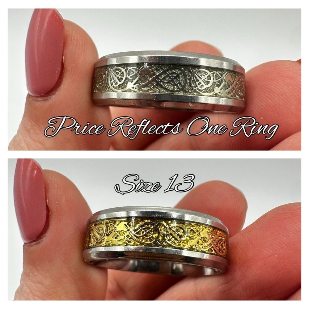 Men's size 13, Silver tone metal with silver/gold scroll work in center, ring!
